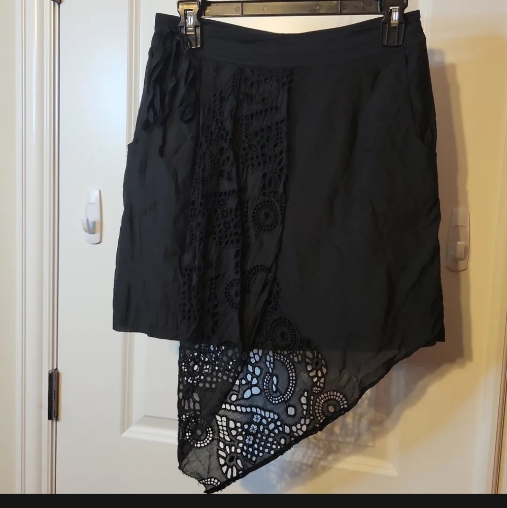 Anthropologie Leifnotes "Westwood Skirt" Asymmetrical Silk Blend Wrap Black